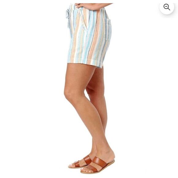 Briggs Women's White/Aqua/Orange Linen/Rayon Drawstring Shorts w Pockets - Picture 3 of 13